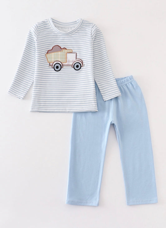 Boy Grey Stripe Truck Appliqué Set
