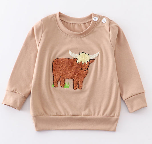 Boy French Knot Brown Highland Cow Shirt